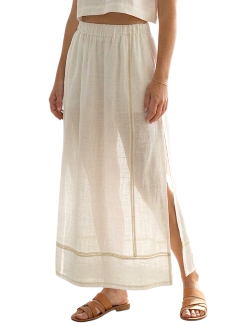 Boho minimalist gauzy white gold stripe flowy long beachy coastal maxi skirt